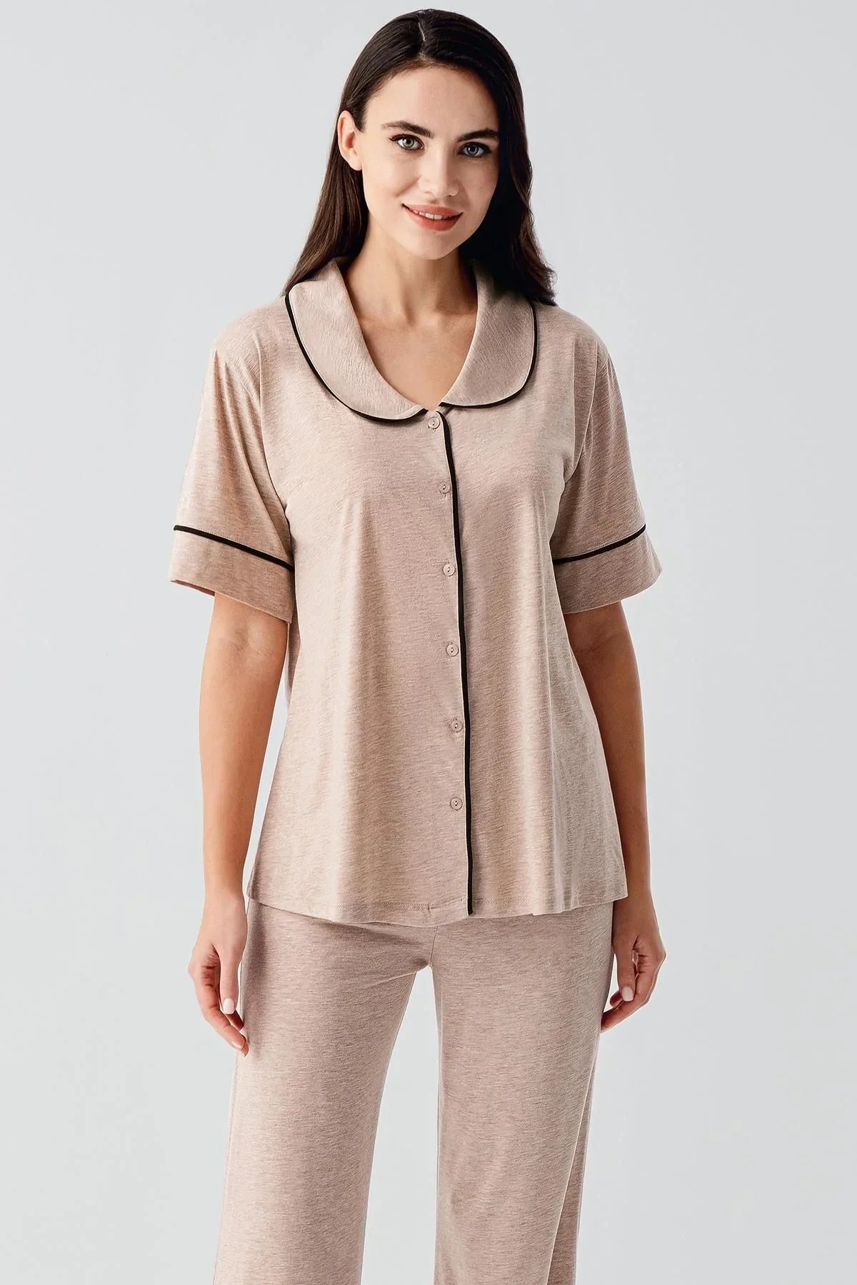 Bebe Yaka Düğmeli Kısa Kollu Esnek Pamuklu Pijama Takım 17201 - Artış Collection