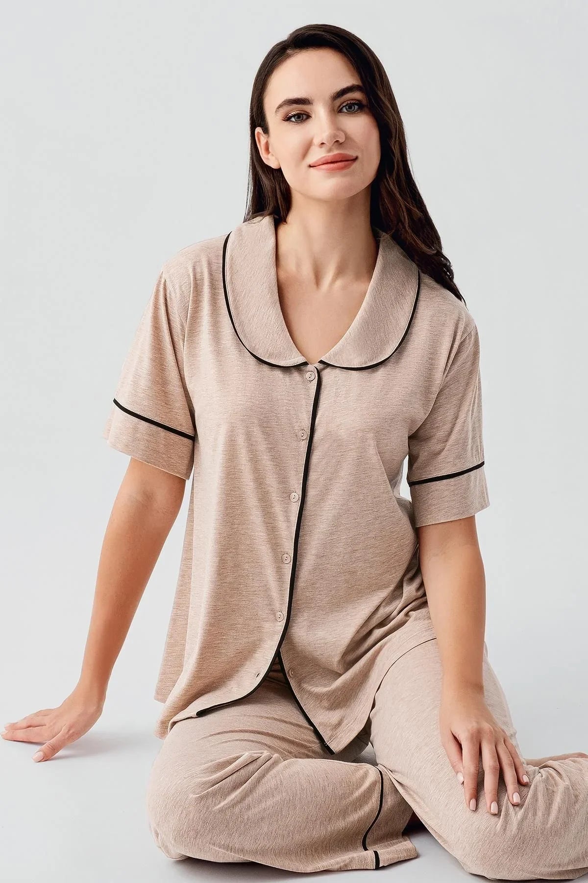 Bebe Yaka Düğmeli Kısa Kollu Esnek Pamuklu Pijama Takım 17201 - Artış Collection