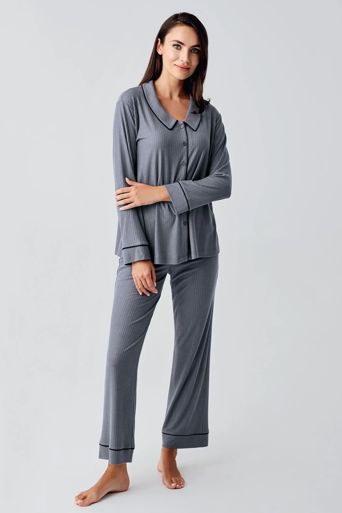 Bebe Yaka Düğmeli Uzun Kollu Hamile Pijama Takım 22109 - Artış Collection