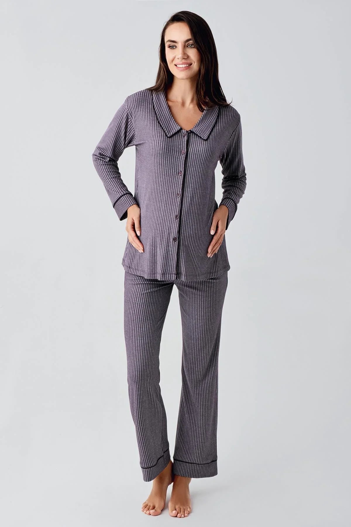 Bebe Yaka Düğmeli Uzun Kollu Hamile Pijama Takım 22109 - Artış Collection