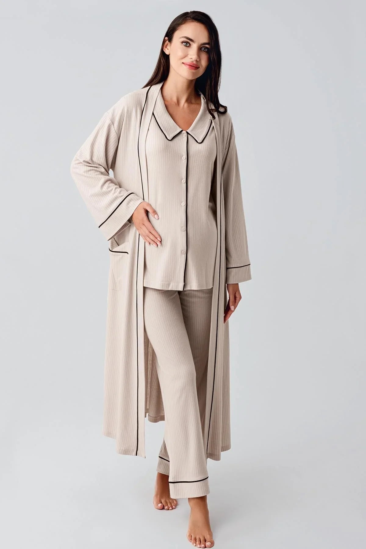 Baby Collar Buttoned Long Sleeve Maternity Dressing Gown Pajama Set 23111