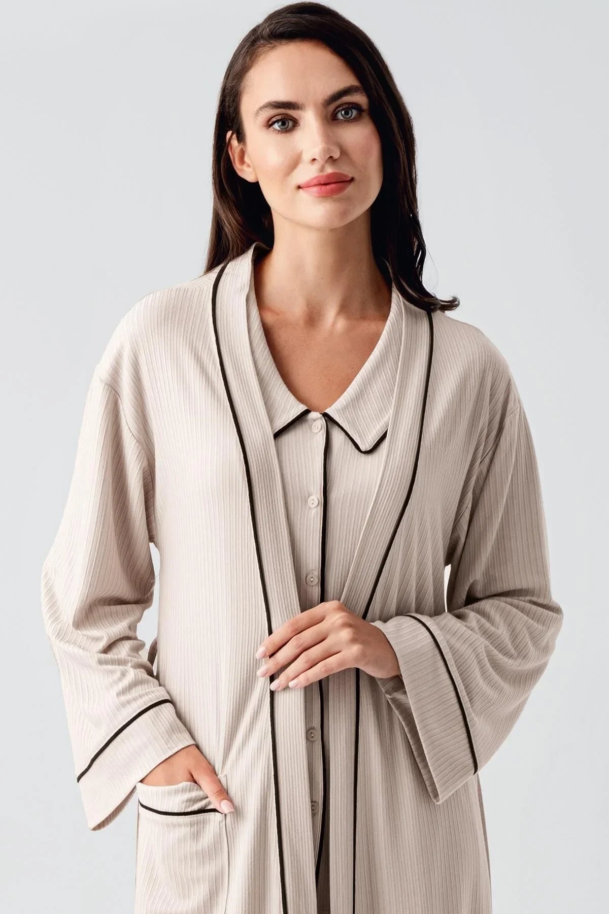 Baby Collar Buttoned Long Sleeve Maternity Dressing Gown Pajama Set 23111