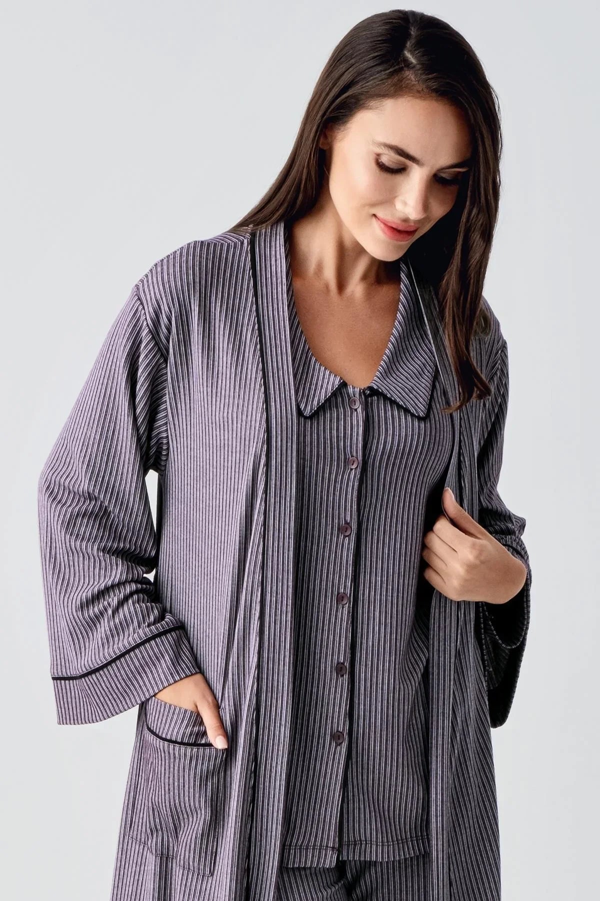 Bebe Yaka Düğmeli Uzun Kollu Hamile Sabahlık Pijama Takım 23111