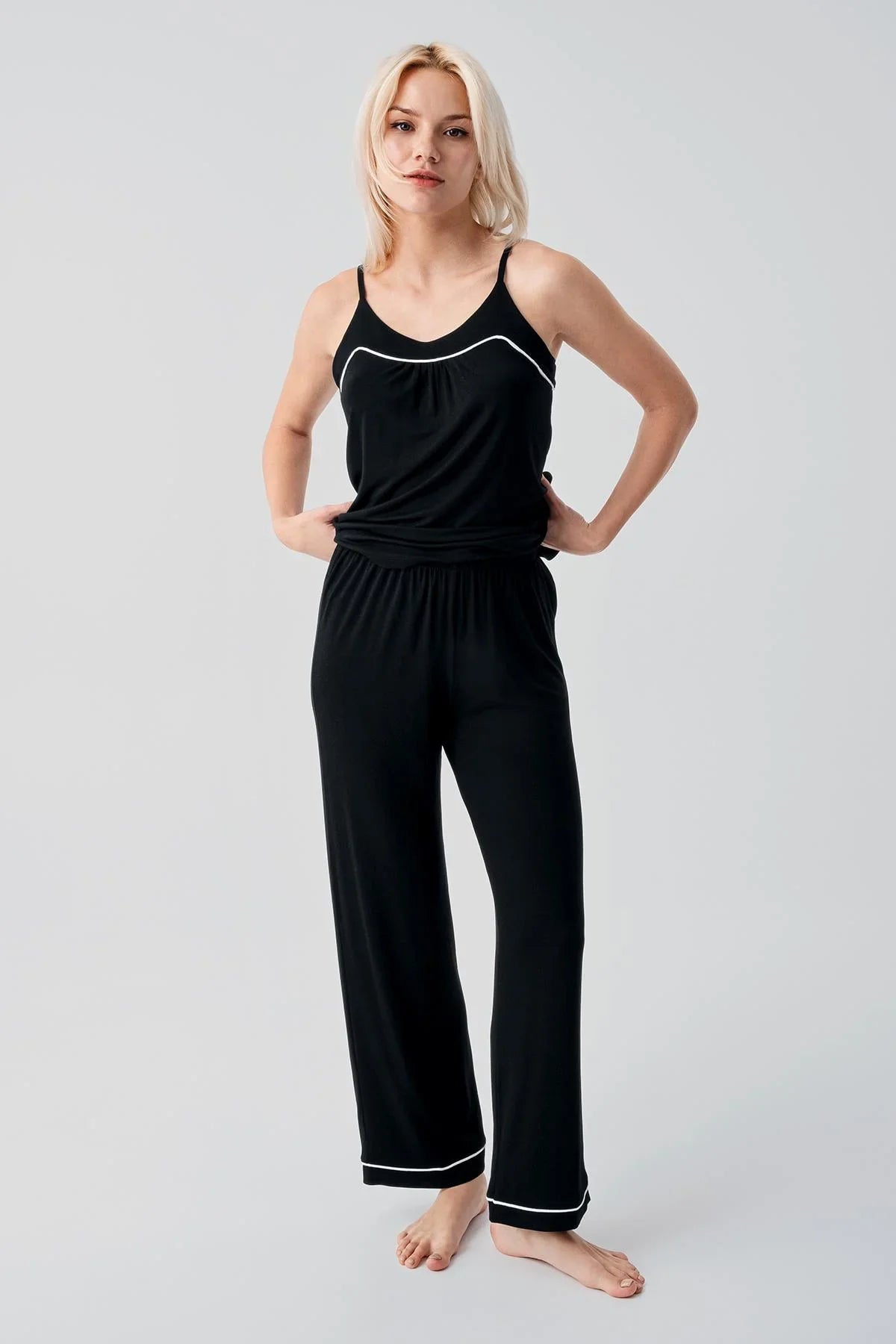 Viscose Soft Pajama Set with Straps and Piping, Comfortable, Stretchy, Lycra 19215