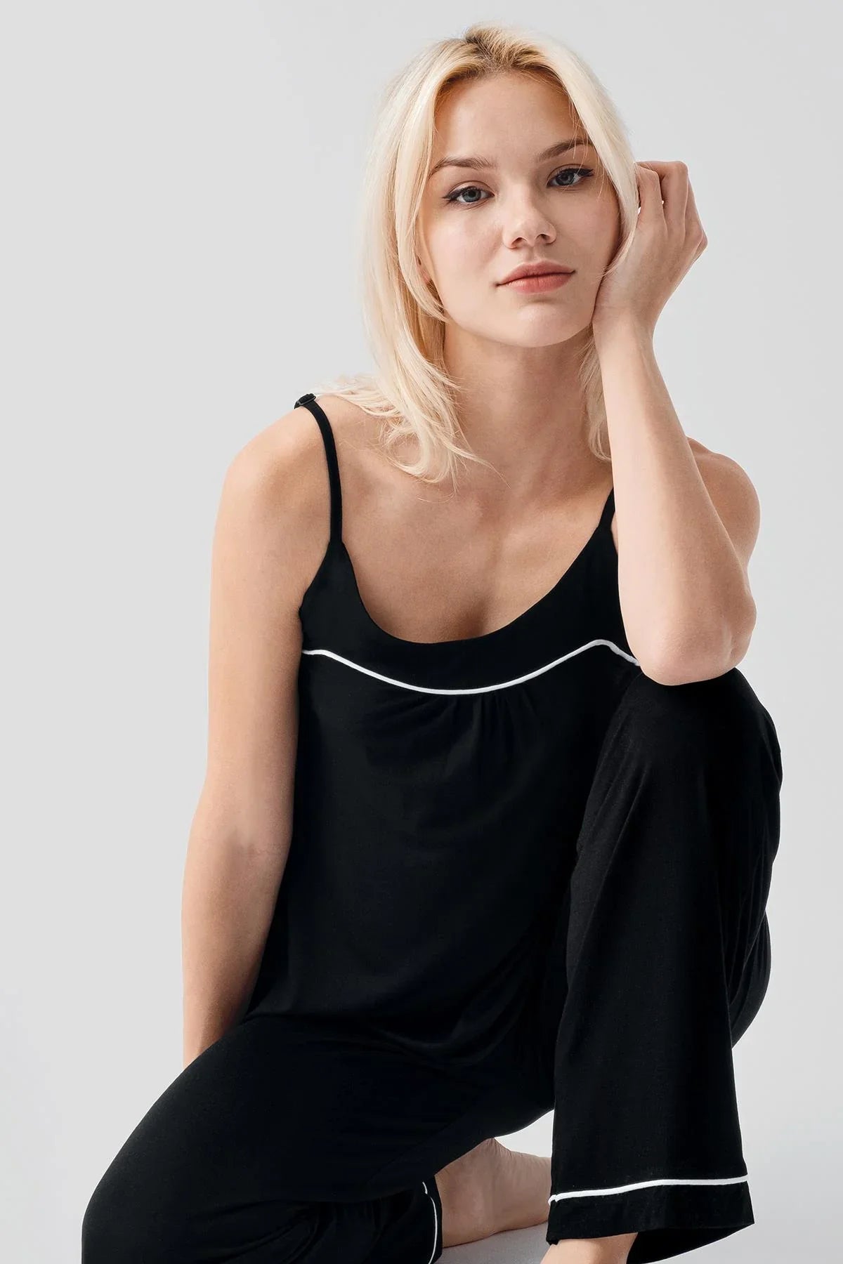 Viscose Soft Pajama Set with Straps and Piping, Comfortable, Stretchy, Lycra 19215