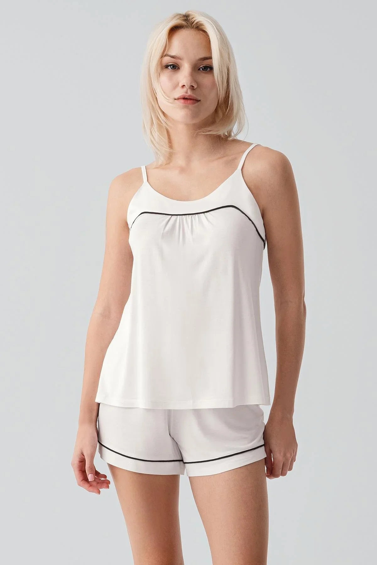 Soft Stretchy Lycra Viscose Short Pajama Set with Straps and Bias Trim 19216
