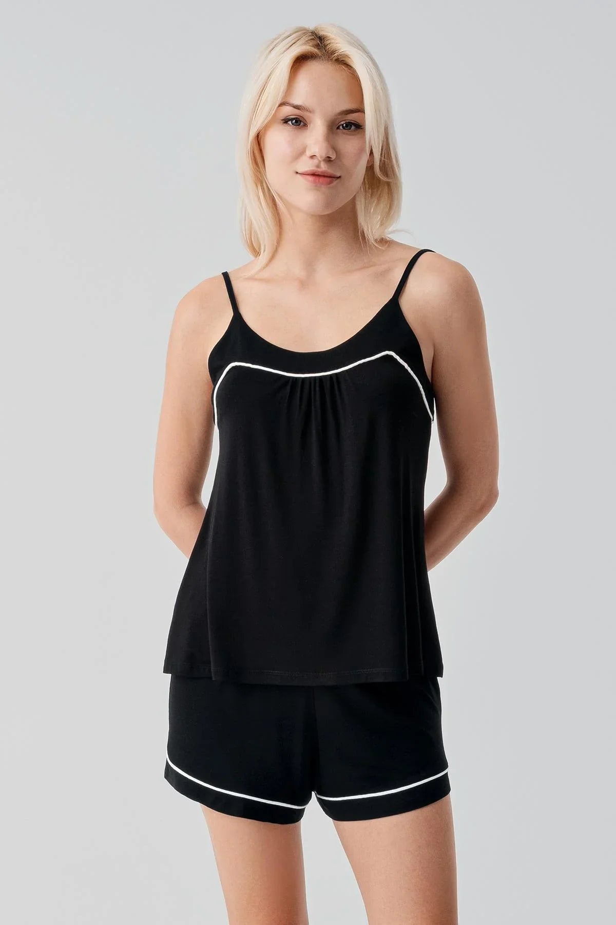Soft Stretchy Lycra Viscose Short Pajama Set with Straps and Bias Trim 19216