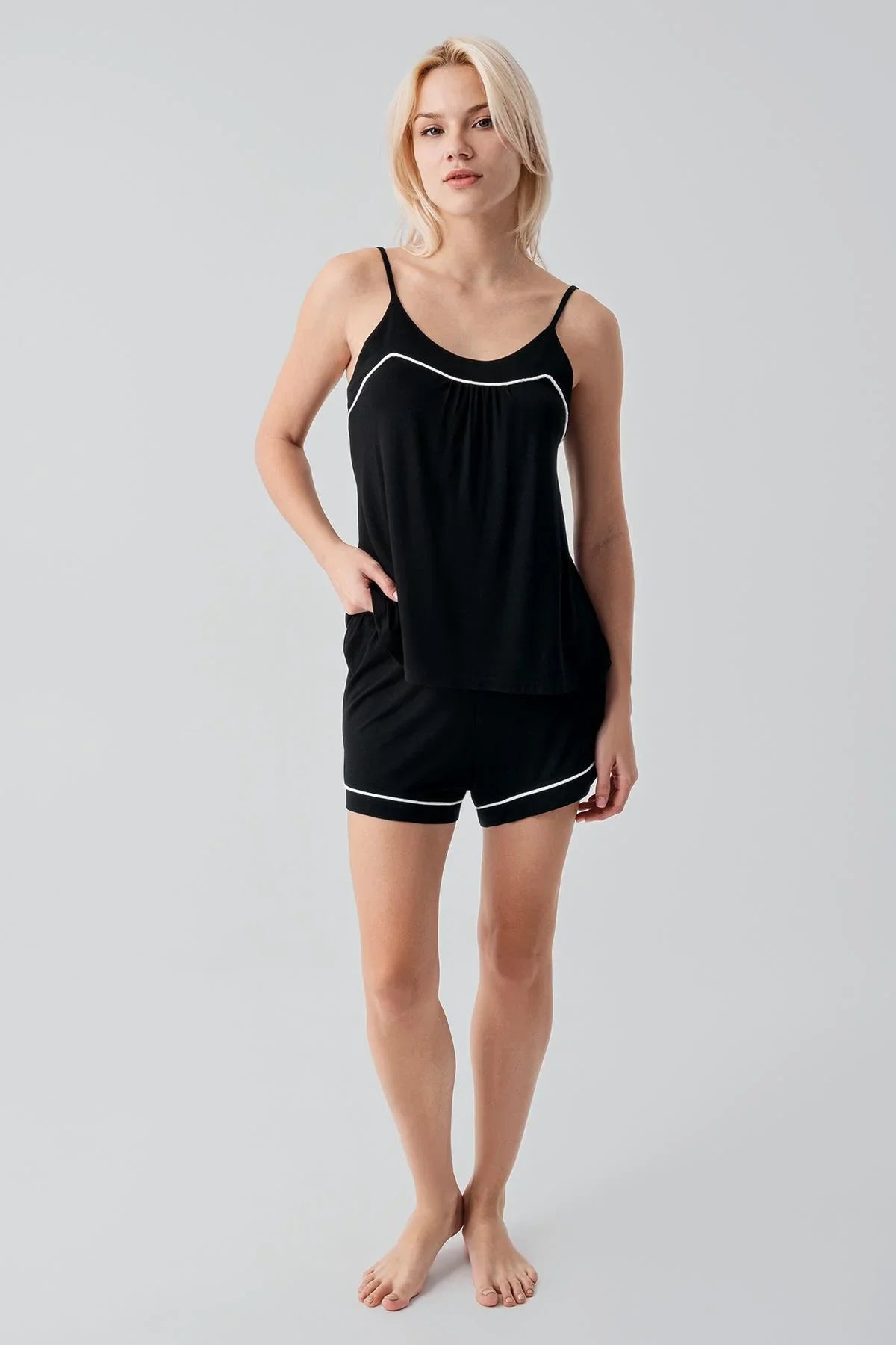 Soft Stretchy Lycra Viscose Short Pajama Set with Straps and Bias Trim 19216