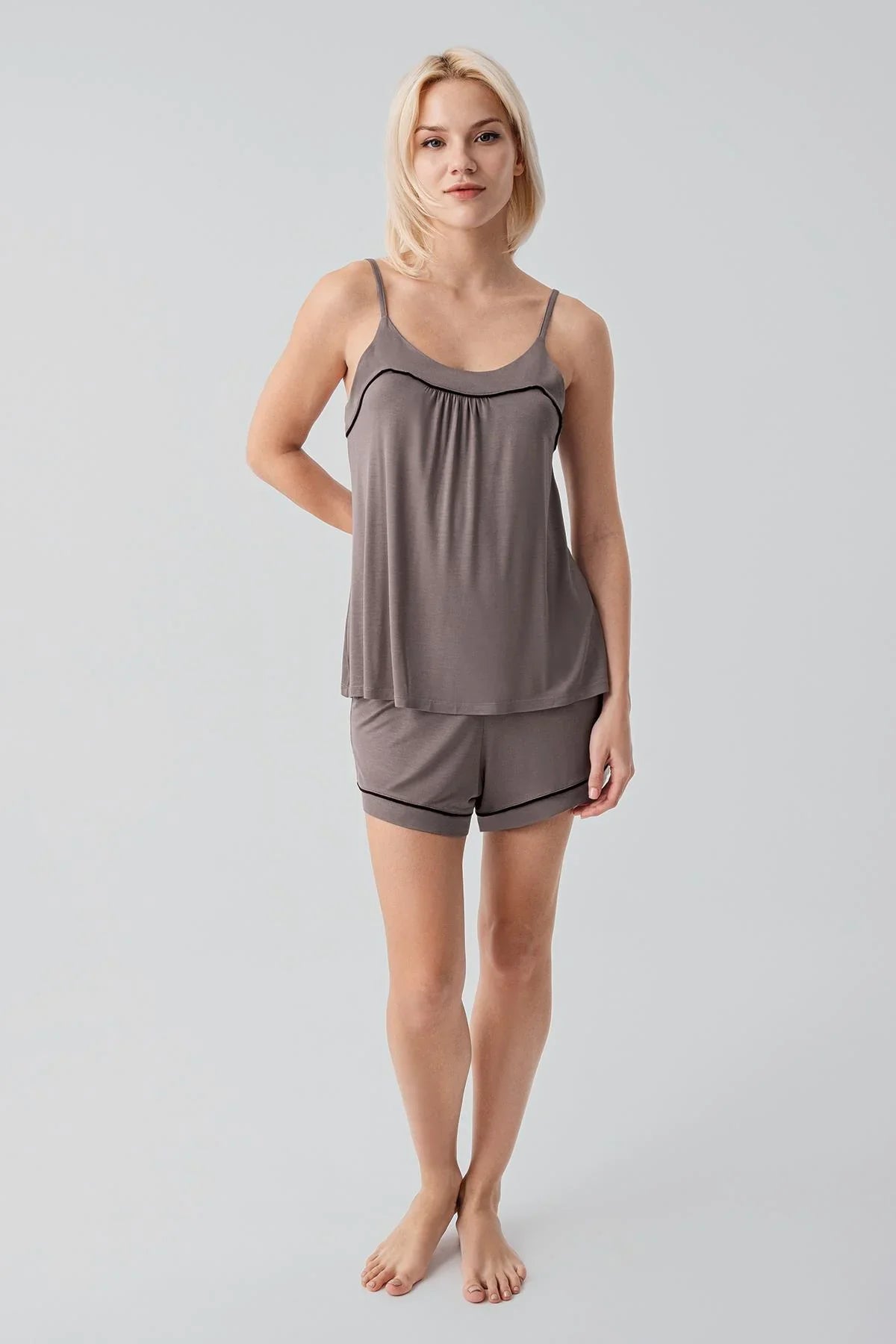Soft Stretchy Lycra Viscose Short Pajama Set with Straps and Bias Trim 19216