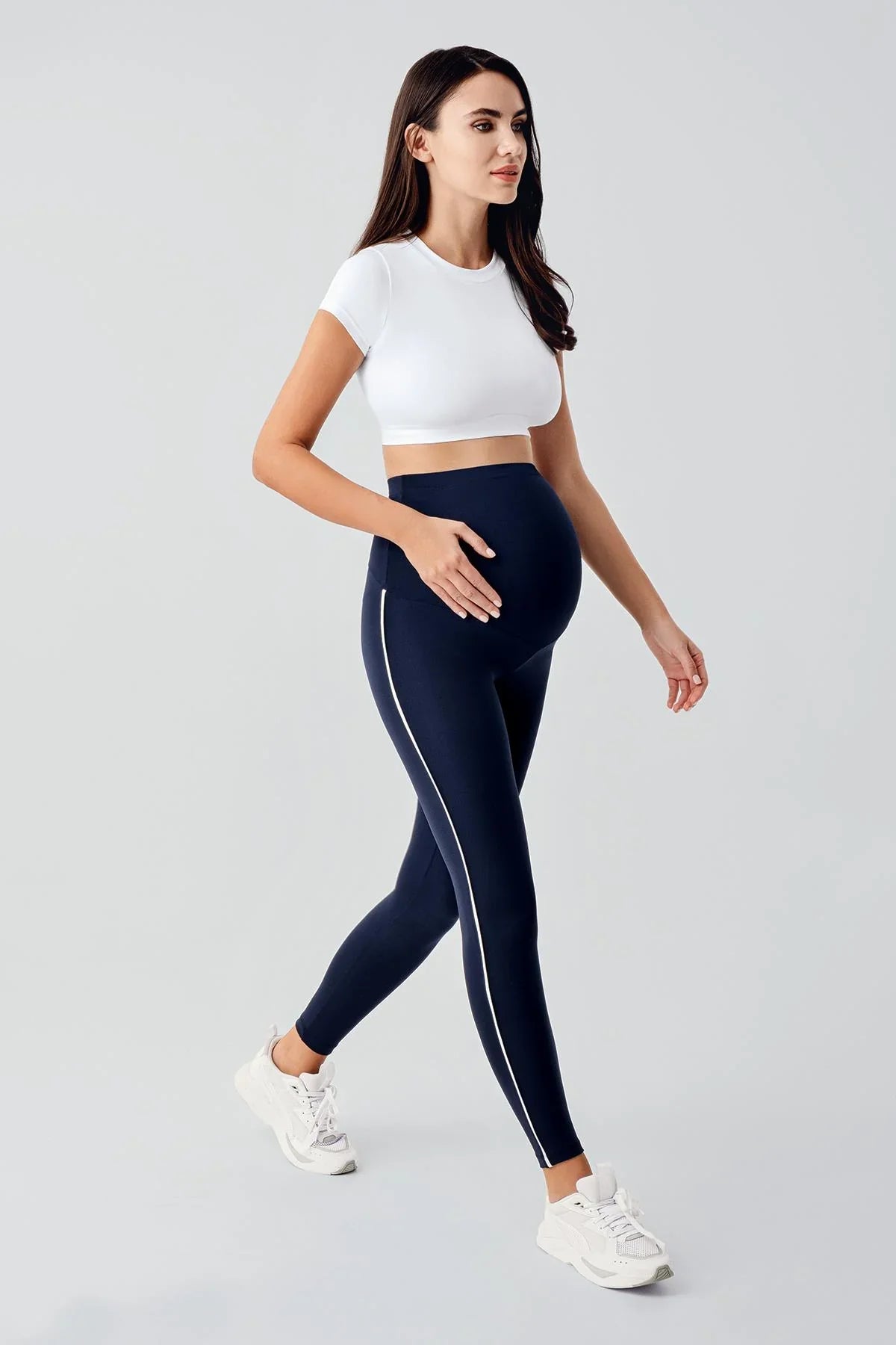 High Waist Elastic Maternity Tights with Piping T24