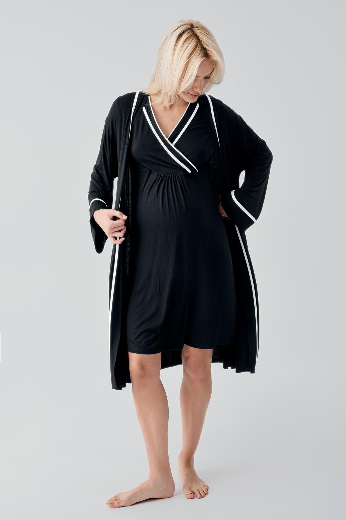 Kısa Kollu Emzirme Bölmeli Esnek Viskoz Hamile Sabahlık Gecelik Takım 19417