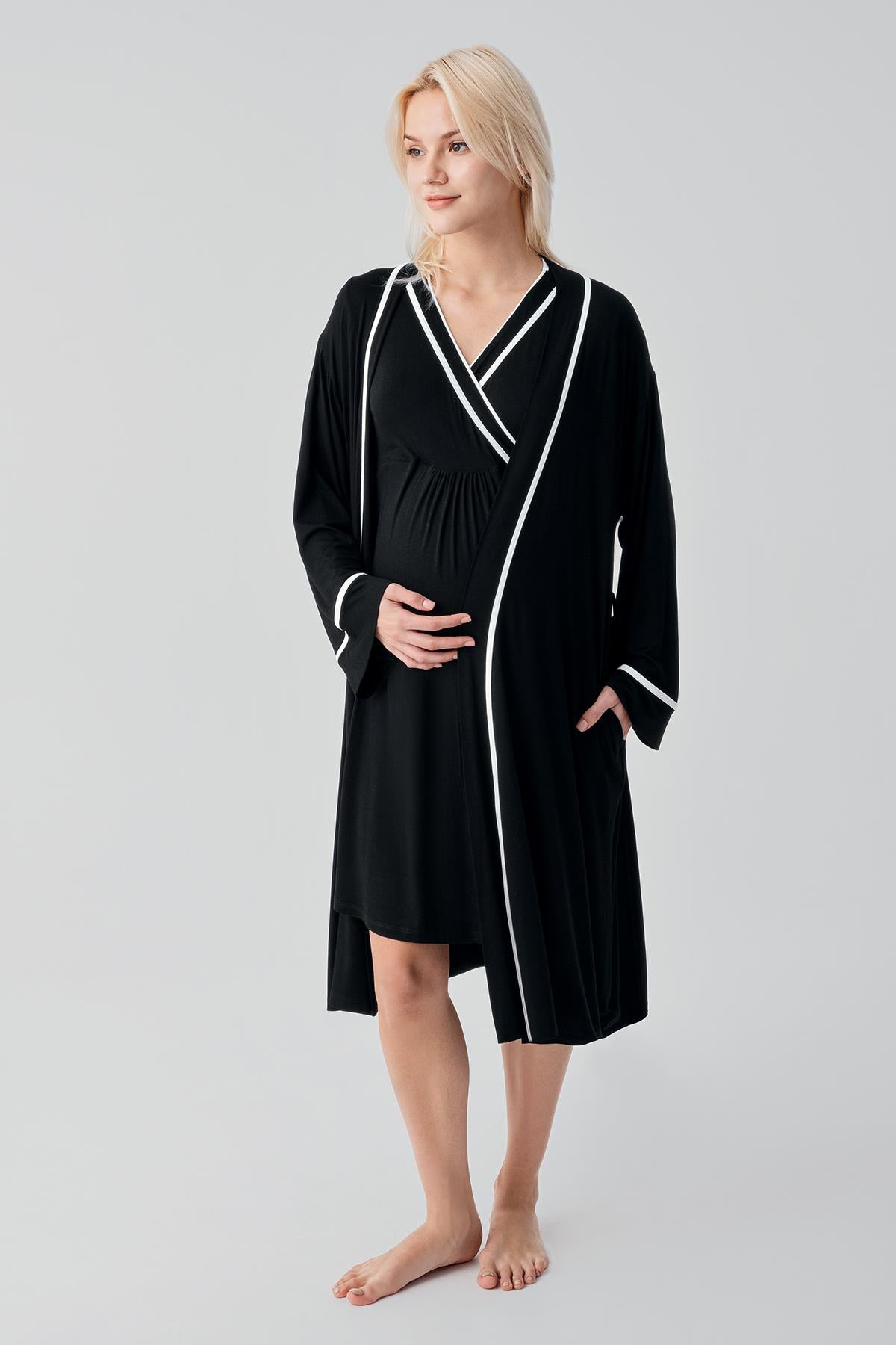 Kısa Kollu Emzirme Bölmeli Esnek Viskoz Hamile Sabahlık Gecelik Takım 19417