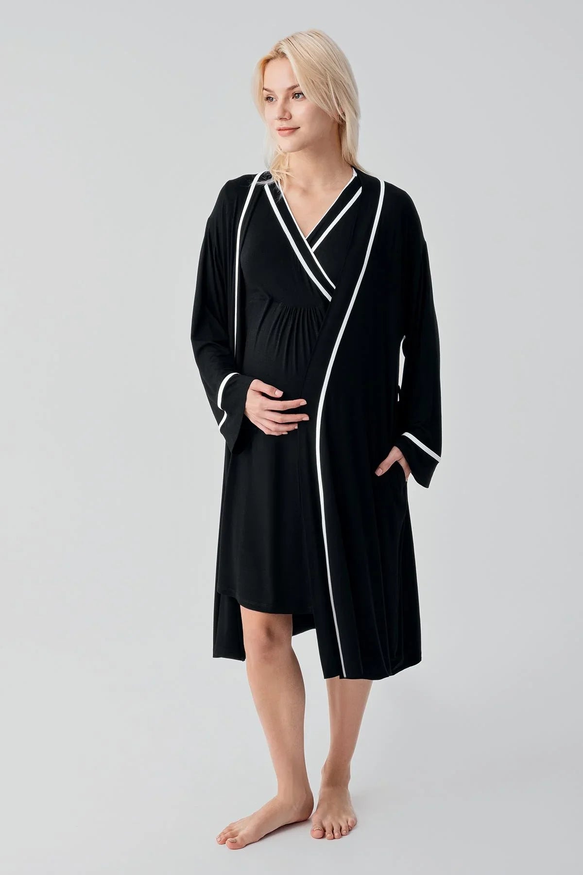 Kısa Kollu Emzirme Bölmeli Esnek Likralı Viskoz Soft Hamile Sabahlık Gecelik Takım 19417