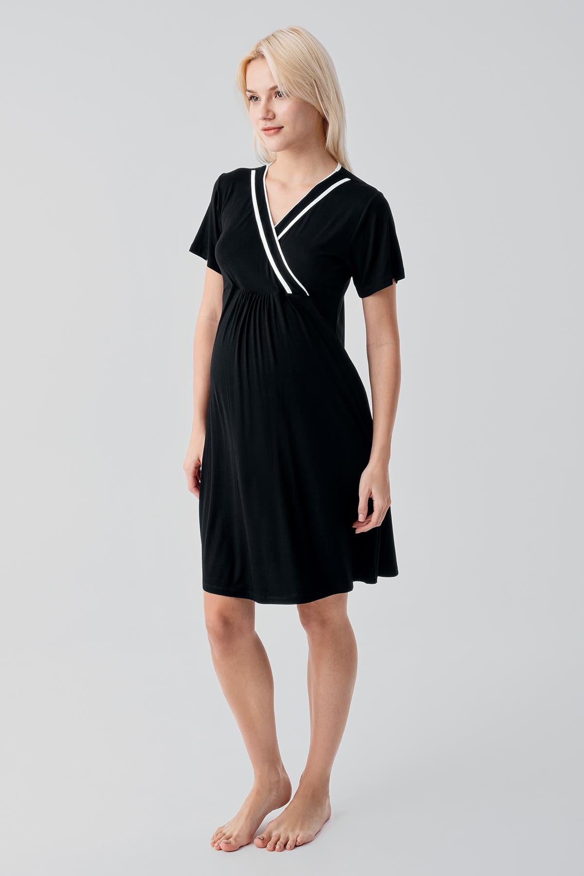 Kısa Kollu Emzirme Bölmeli Esnek Viskoz Hamile Sabahlık Gecelik Takım 19417