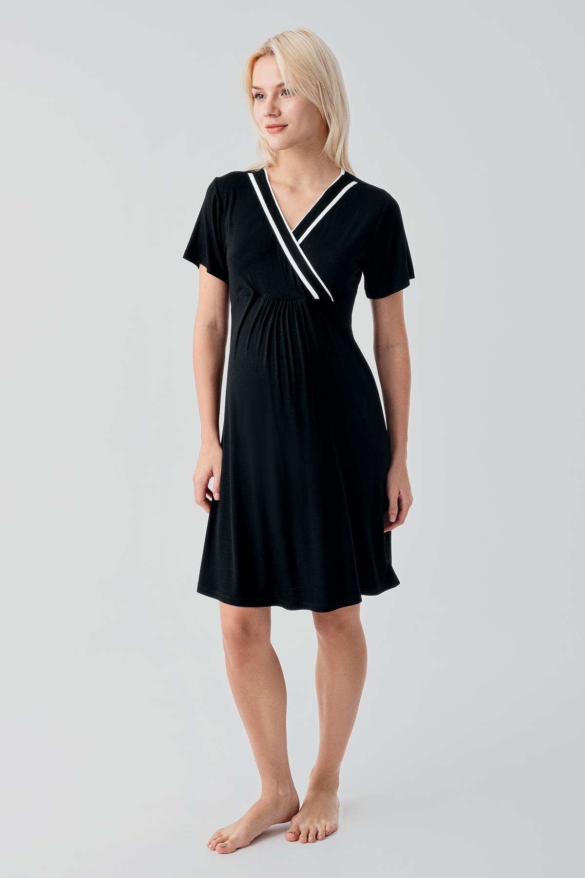 Kısa Kollu Emzirme Bölmeli Esnek Viskoz Hamile Sabahlık Gecelik Takım 19417