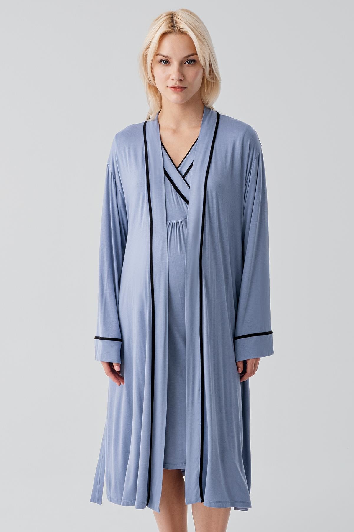 Kısa Kollu Emzirme Bölmeli Esnek Viskoz Hamile Sabahlık Gecelik Takım 19417