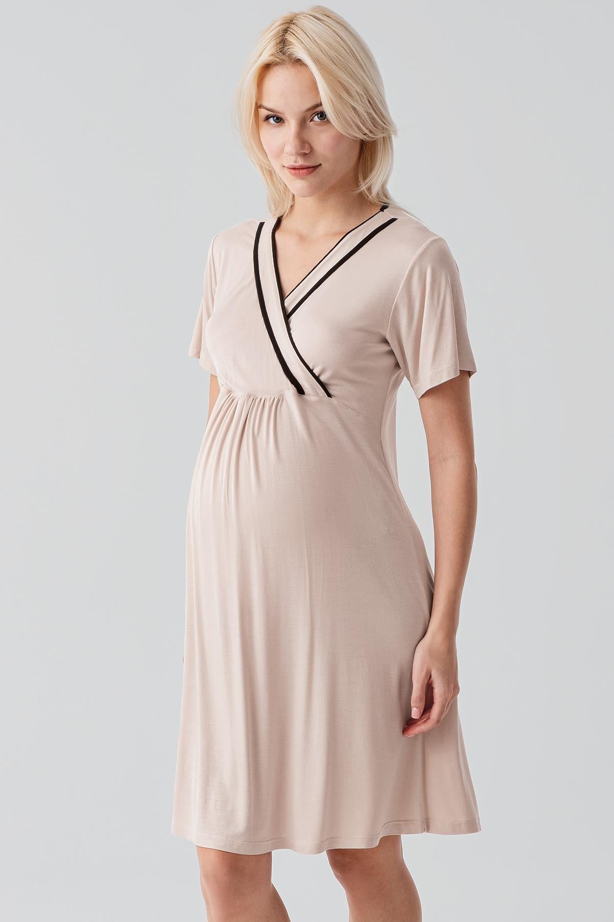 Kısa Kollu Emzirme Bölmeli Esnek Viskoz Hamile Sabahlık Gecelik Takım 19417