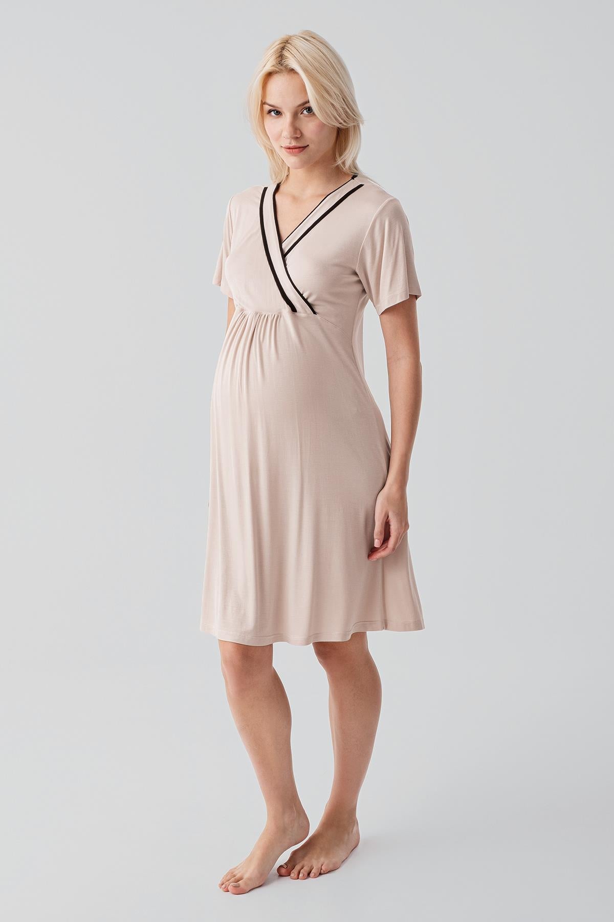 Kısa Kollu Emzirme Bölmeli Esnek Viskoz Hamile Sabahlık Gecelik Takım 19417
