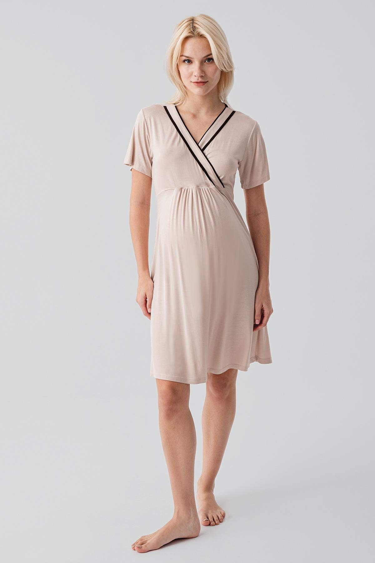 Kısa Kollu Emzirme Bölmeli Esnek Viskoz Hamile Sabahlık Gecelik Takım 19417