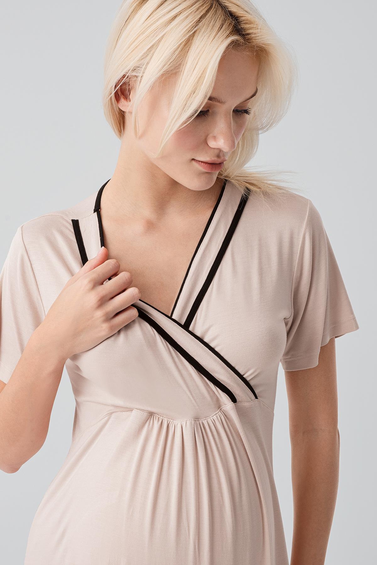 Kısa Kollu Emzirme Bölmeli Esnek Viskoz Hamile Sabahlık Gecelik Takım 19417