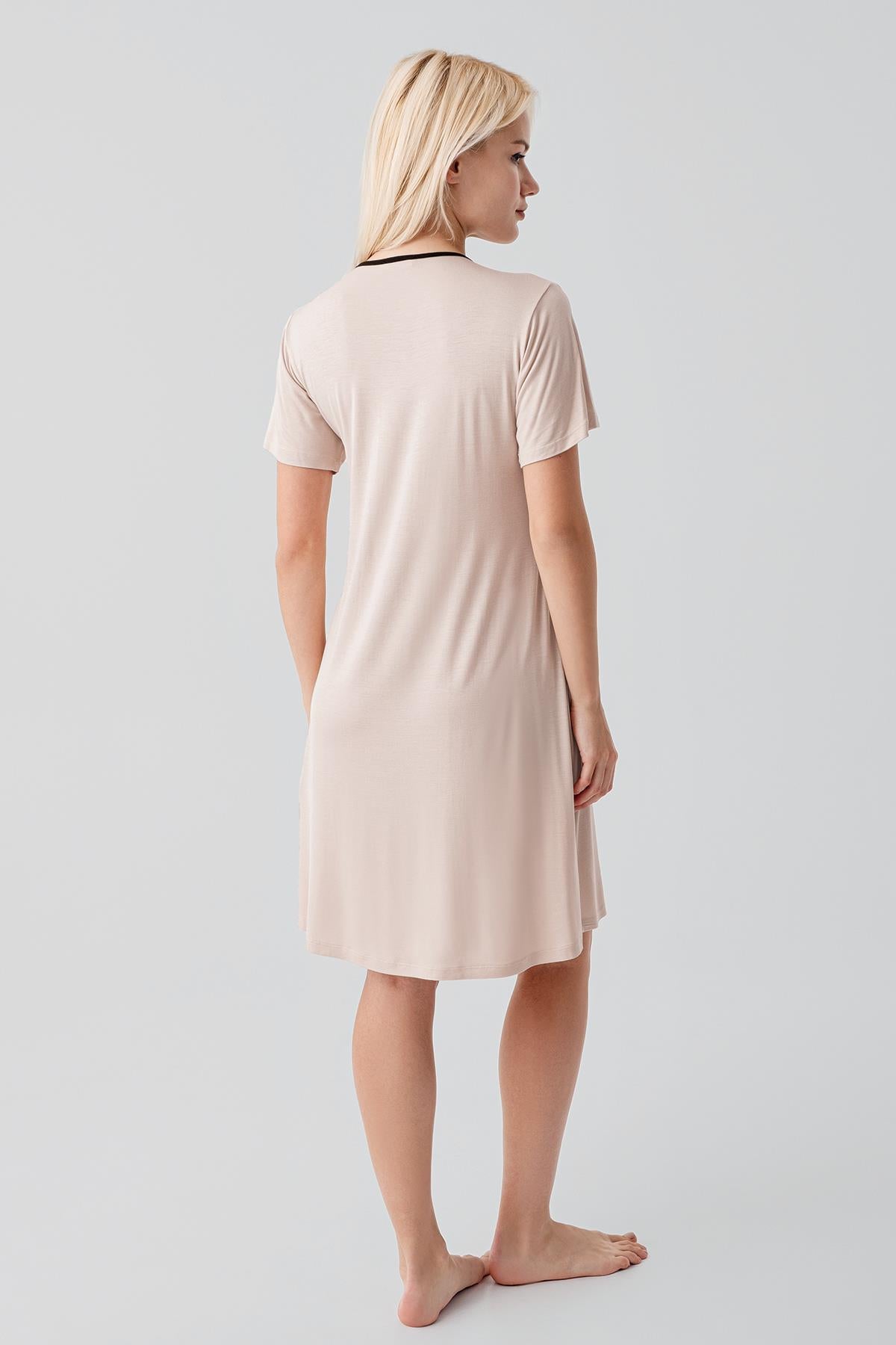 Kısa Kollu Emzirme Bölmeli Esnek Viskoz Hamile Sabahlık Gecelik Takım 19417