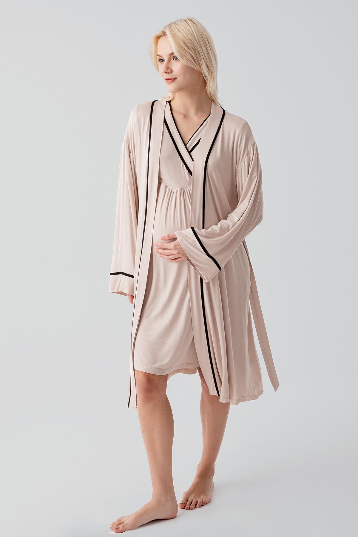 Kısa Kollu Emzirme Bölmeli Esnek Viskoz Hamile Sabahlık Gecelik Takım 19417