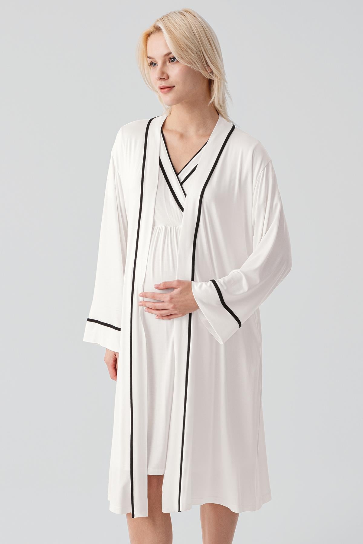 Kısa Kollu Emzirme Bölmeli Esnek Viskoz Hamile Sabahlık Gecelik Takım 19417