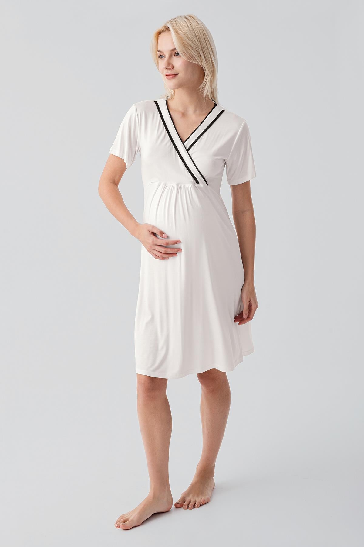 Kısa Kollu Emzirme Bölmeli Esnek Viskoz Hamile Sabahlık Gecelik Takım 19417