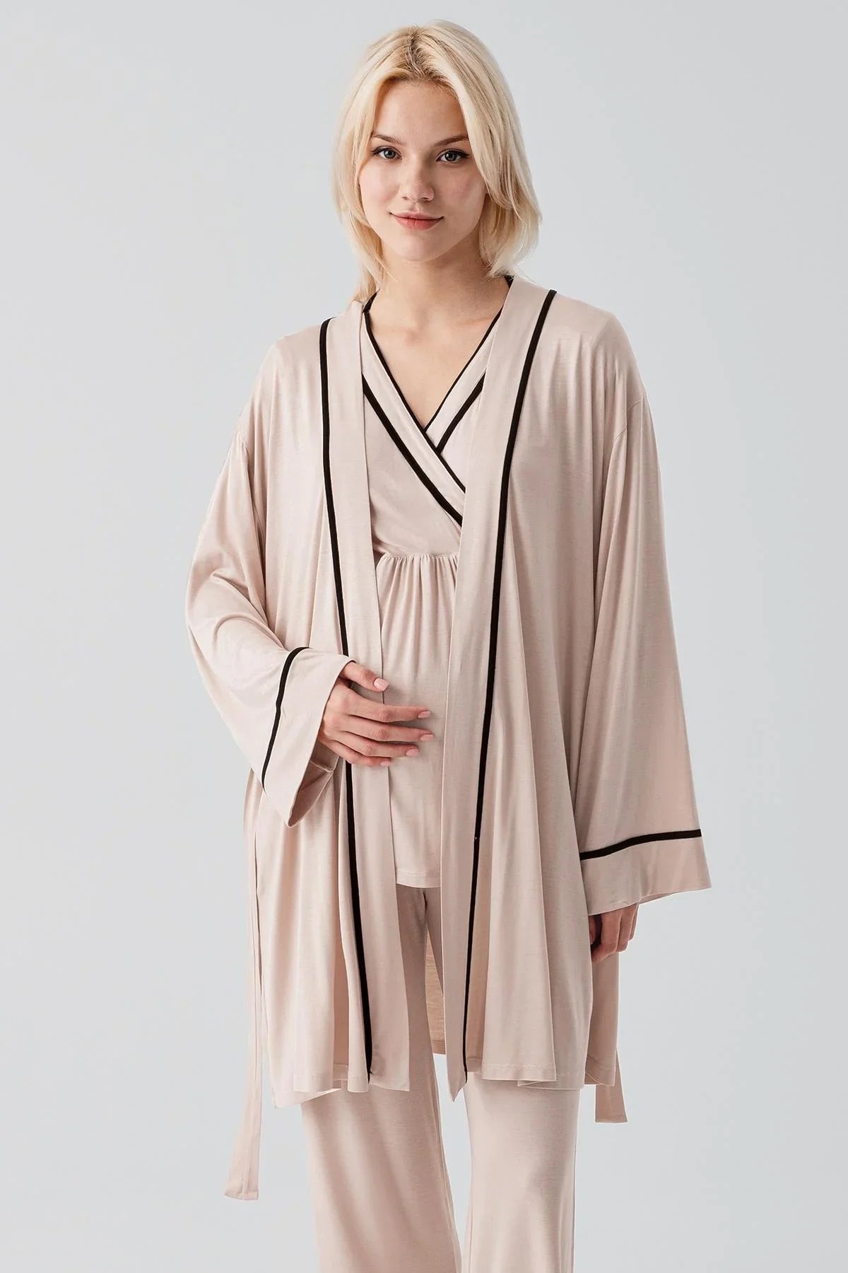 Kısa Kollu Emzirme Bölmeli Ayarlanabilir Bel Esnek Likralı Viskoz Soft Hamile Pijama Takım 19317