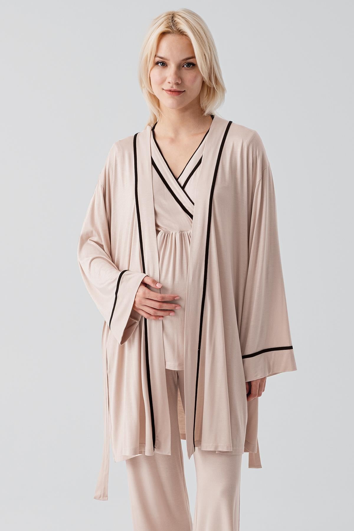 Kısa Kollu Emzirme Bölmeli Ayarlanabilir Bel Esnek Viskoz Hamile Pijama Takım 19317