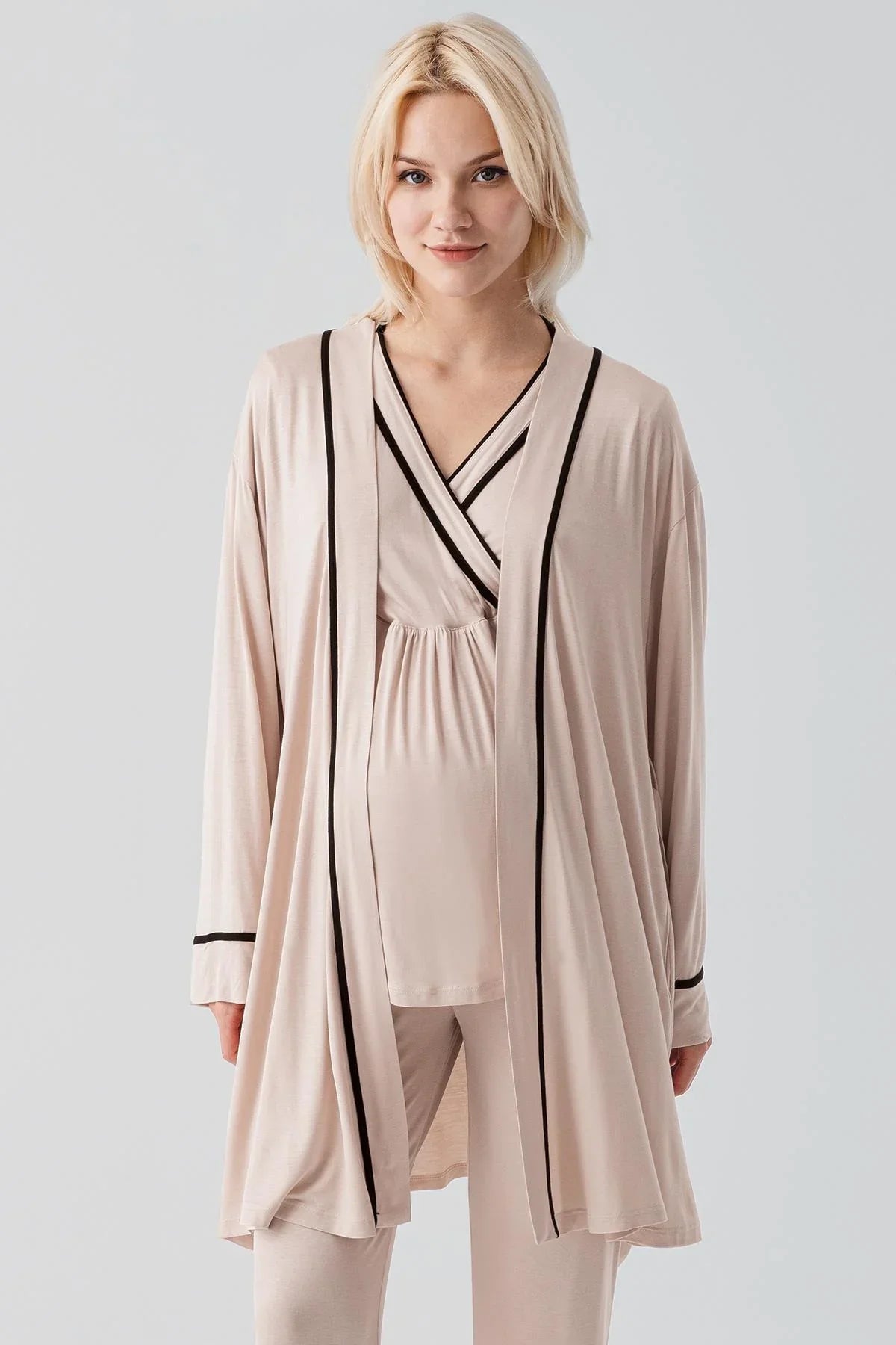 Kısa Kollu Emzirme Bölmeli Ayarlanabilir Bel Esnek Likralı Viskoz Soft Hamile Pijama Takım 19317