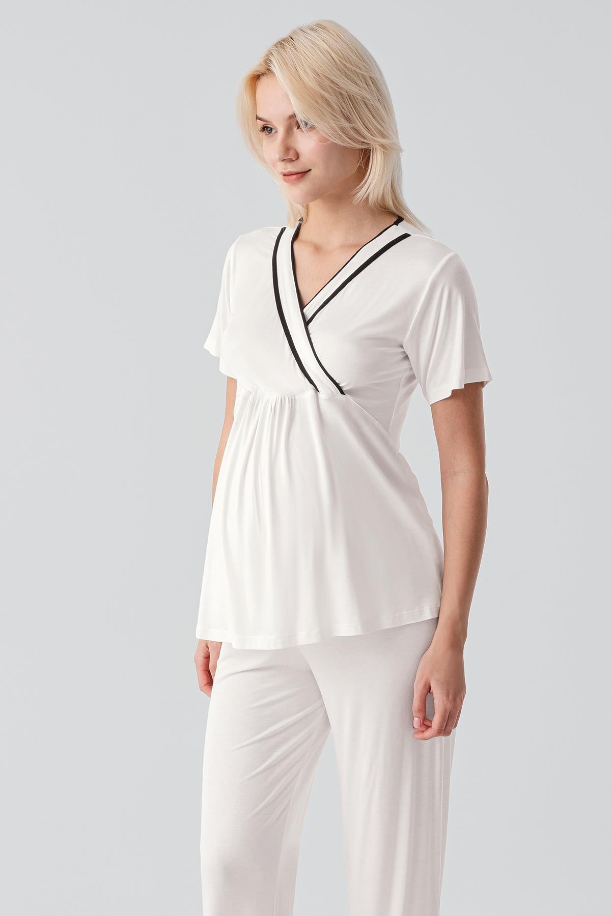 Kısa Kollu Emzirme Bölmeli Ayarlanabilir Bel Esnek Viskoz Hamile Pijama Takım 19317