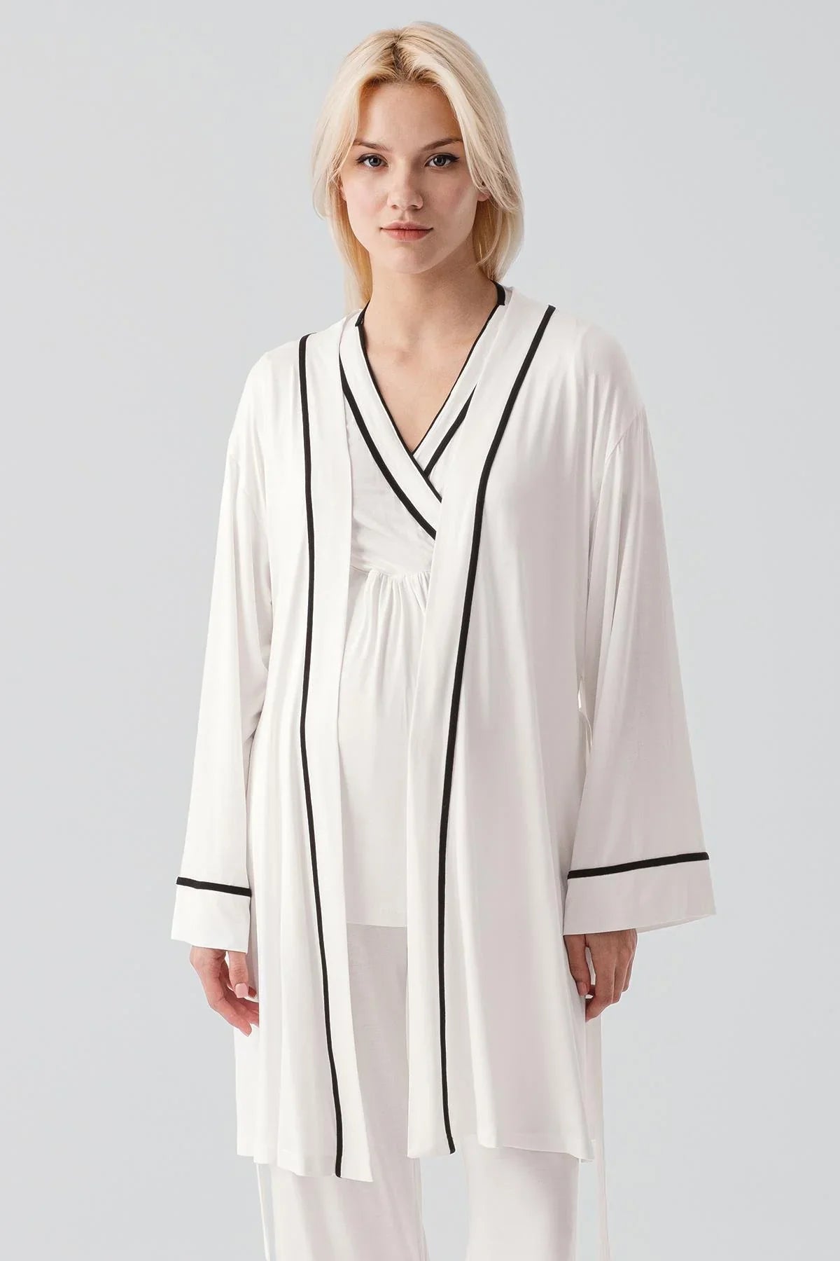 Kısa Kollu Emzirme Bölmeli Ayarlanabilir Bel Esnek Likralı Viskoz Soft Hamile Pijama Takım 19317