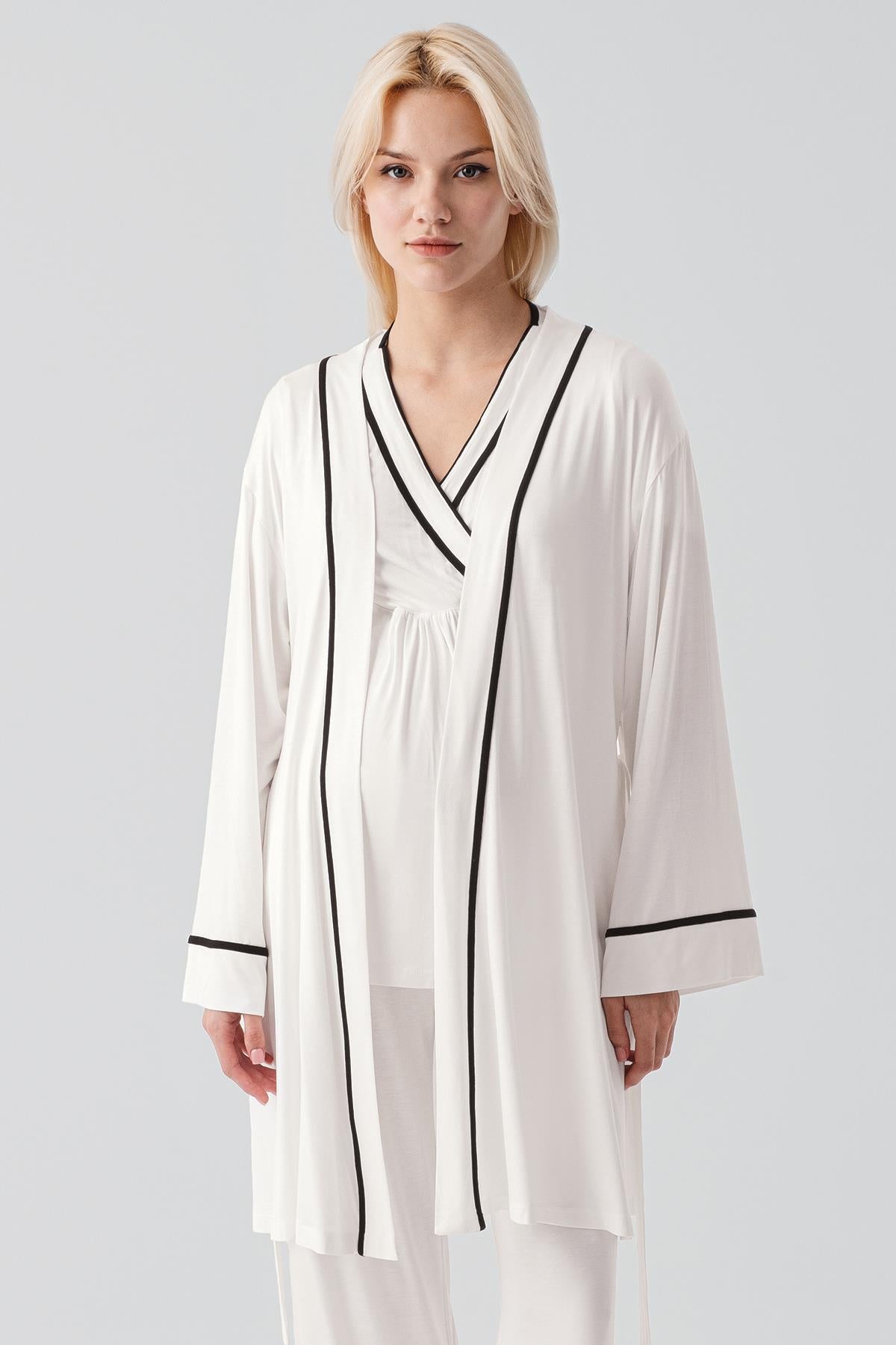 Kısa Kollu Emzirme Bölmeli Ayarlanabilir Bel Esnek Viskoz Hamile Pijama Takım 19317