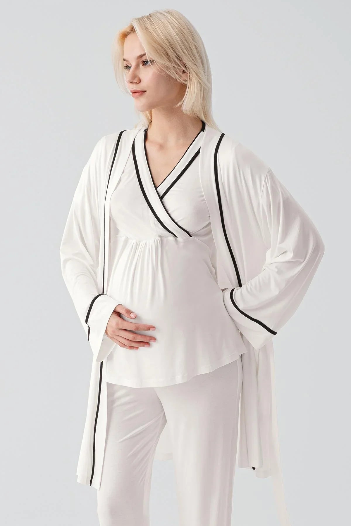 Kısa Kollu Emzirme Bölmeli Ayarlanabilir Bel Esnek Likralı Viskoz Soft Hamile Pijama Takım 19317