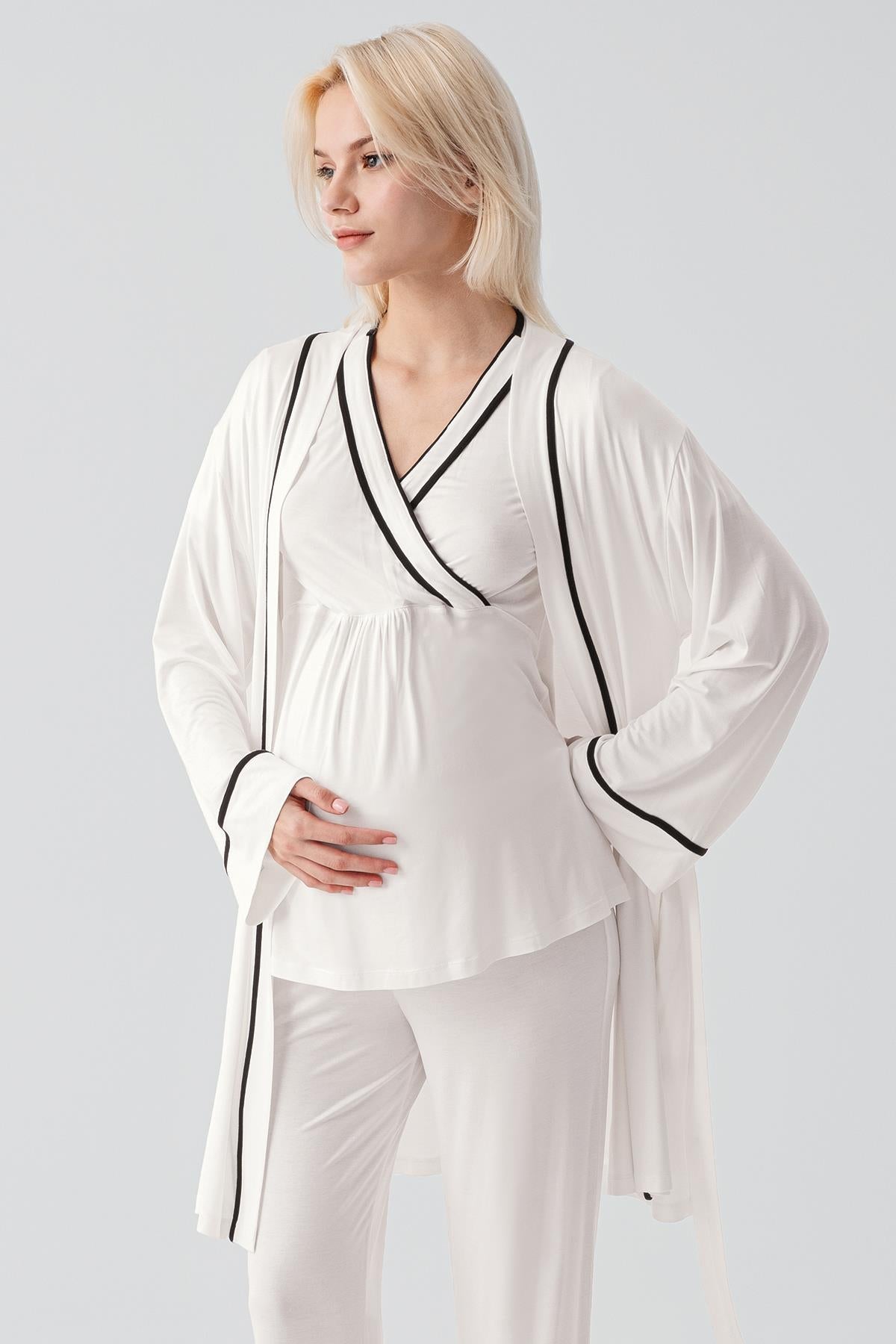 Kısa Kollu Emzirme Bölmeli Ayarlanabilir Bel Esnek Viskoz Hamile Pijama Takım 19317