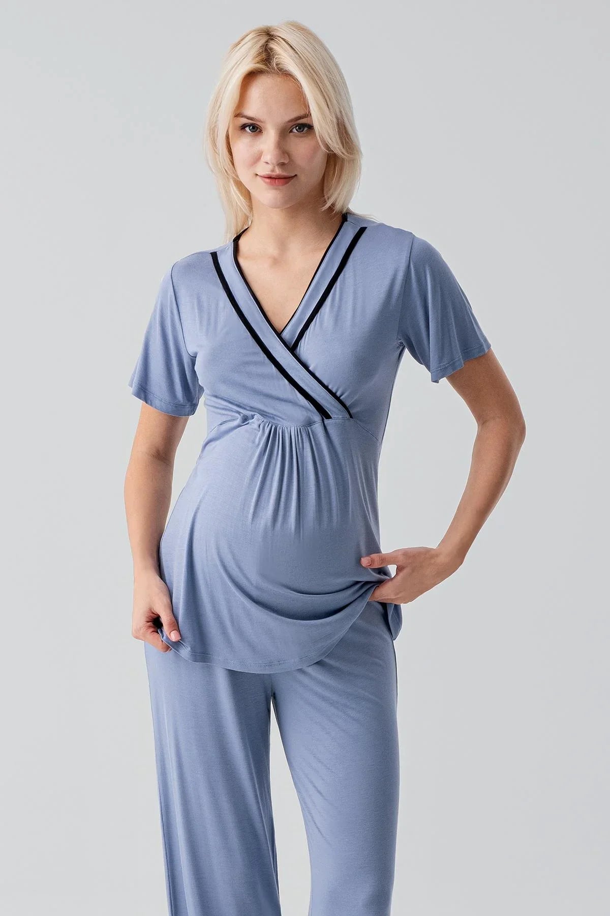 Kısa Kollu Emzirme Bölmeli Ayarlanabilir Bel Esnek Likralı Viskoz Soft Hamile Pijama Takım 19317