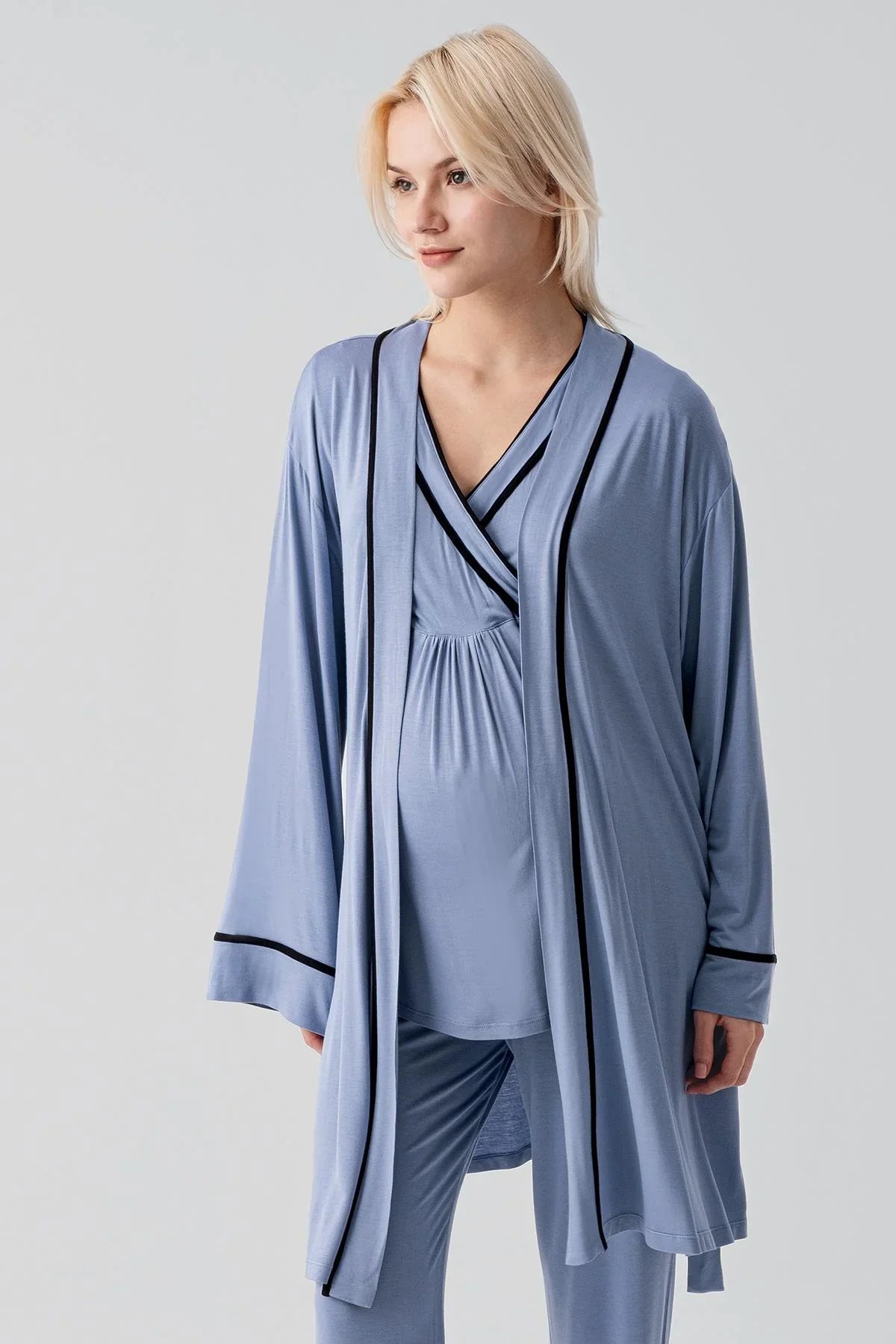 Kısa Kollu Emzirme Bölmeli Ayarlanabilir Bel Esnek Likralı Viskoz Soft Hamile Pijama Takım 19317