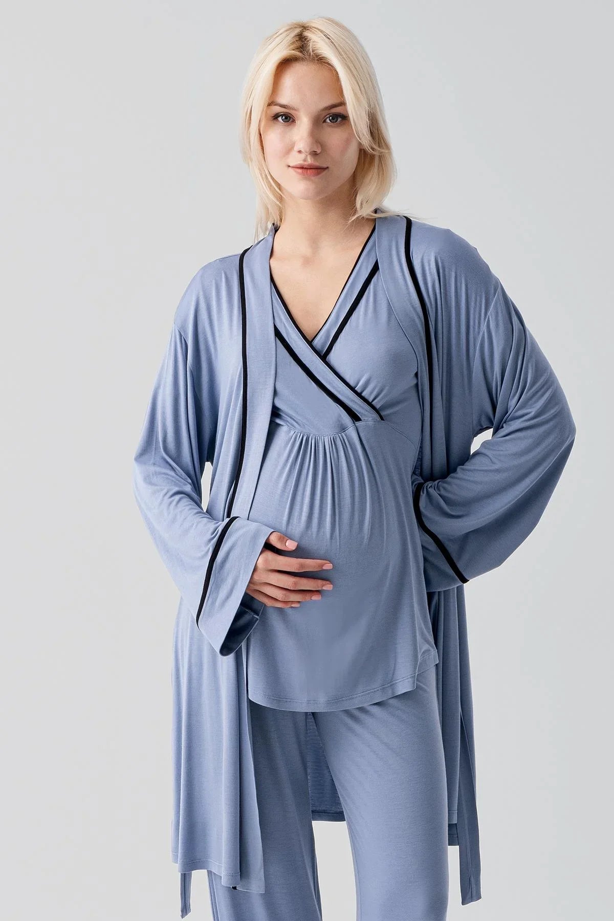 Kısa Kollu Emzirme Bölmeli Ayarlanabilir Bel Esnek Likralı Viskoz Soft Hamile Pijama Takım 19317