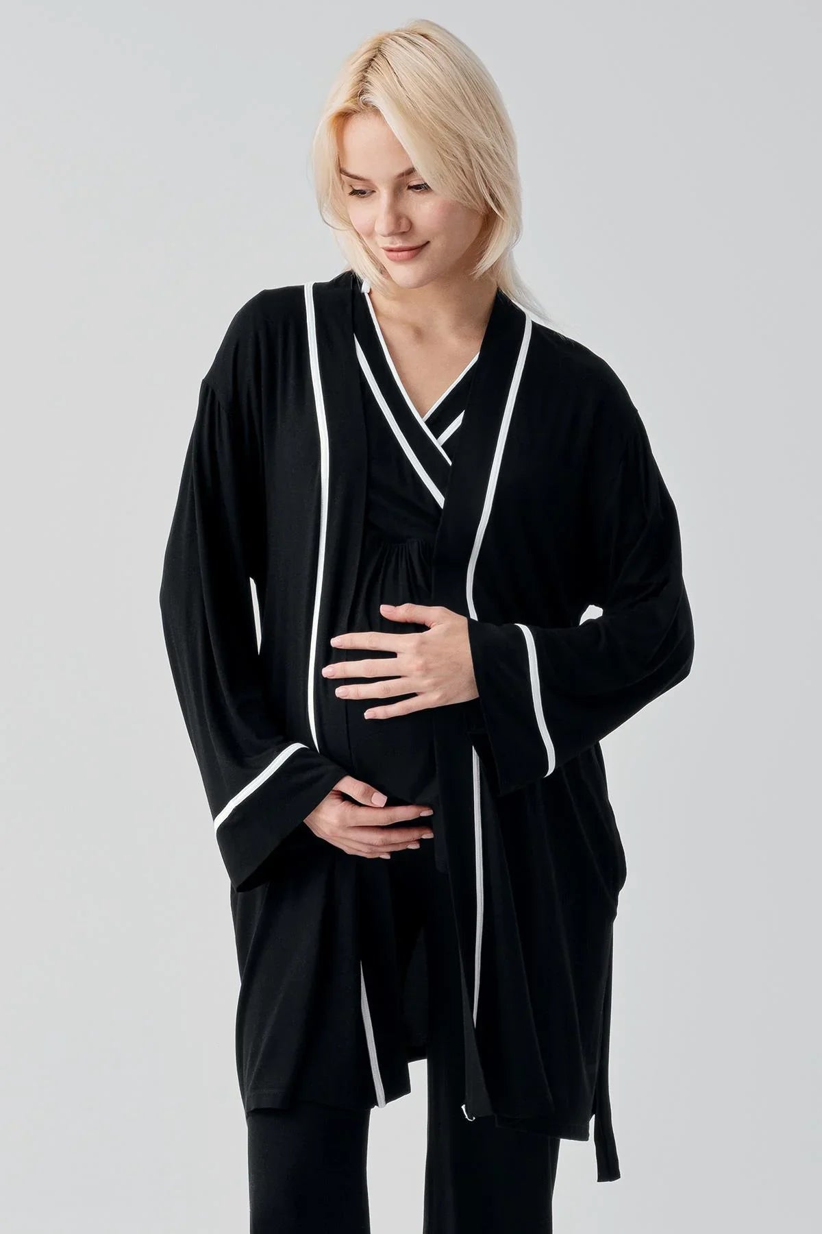 Kısa Kollu Emzirme Bölmeli Ayarlanabilir Bel Esnek Likralı Viskoz Soft Hamile Pijama Takım 19317