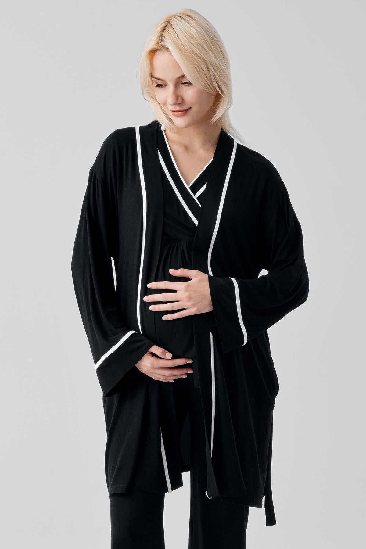 Kısa Kollu Emzirme Bölmeli Ayarlanabilir Bel Esnek Viskoz Hamile Pijama Takım 19317