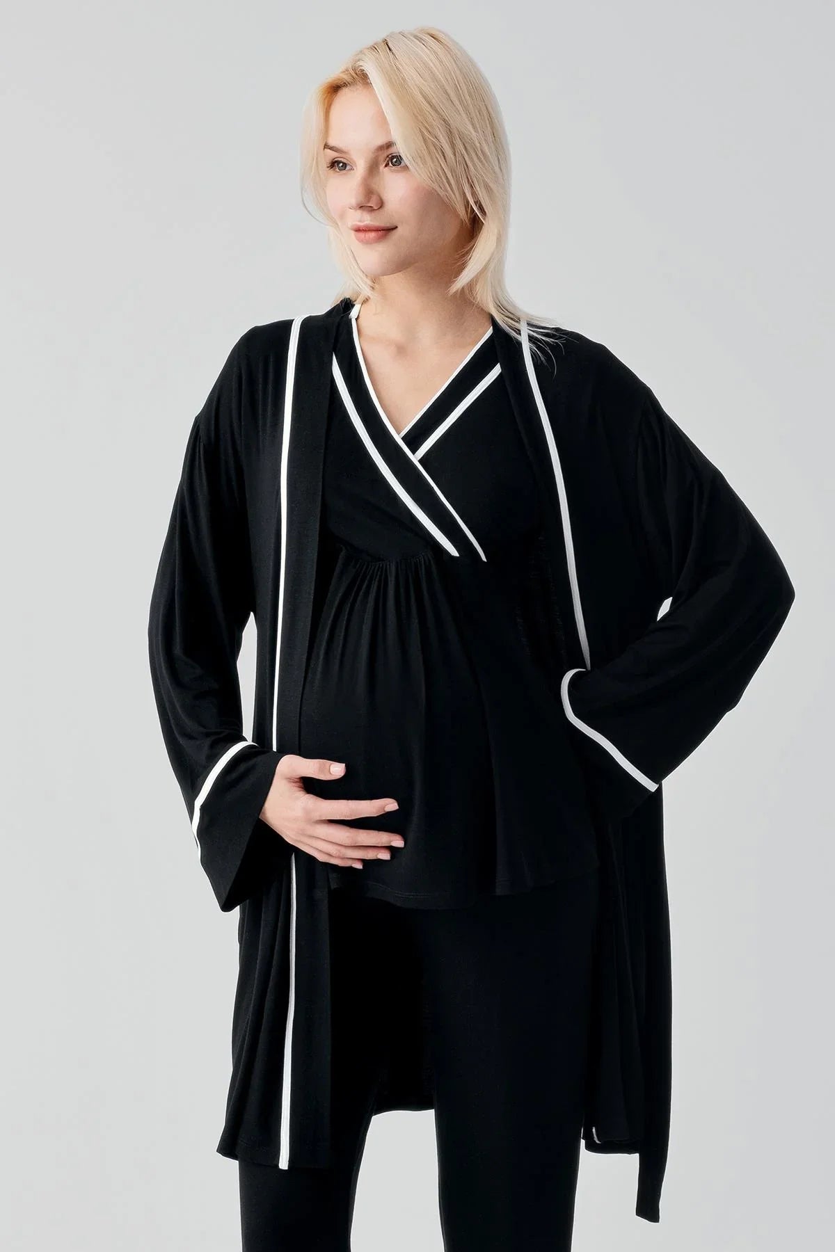 Kısa Kollu Emzirme Bölmeli Ayarlanabilir Bel Esnek Likralı Viskoz Soft Hamile Pijama Takım 19317