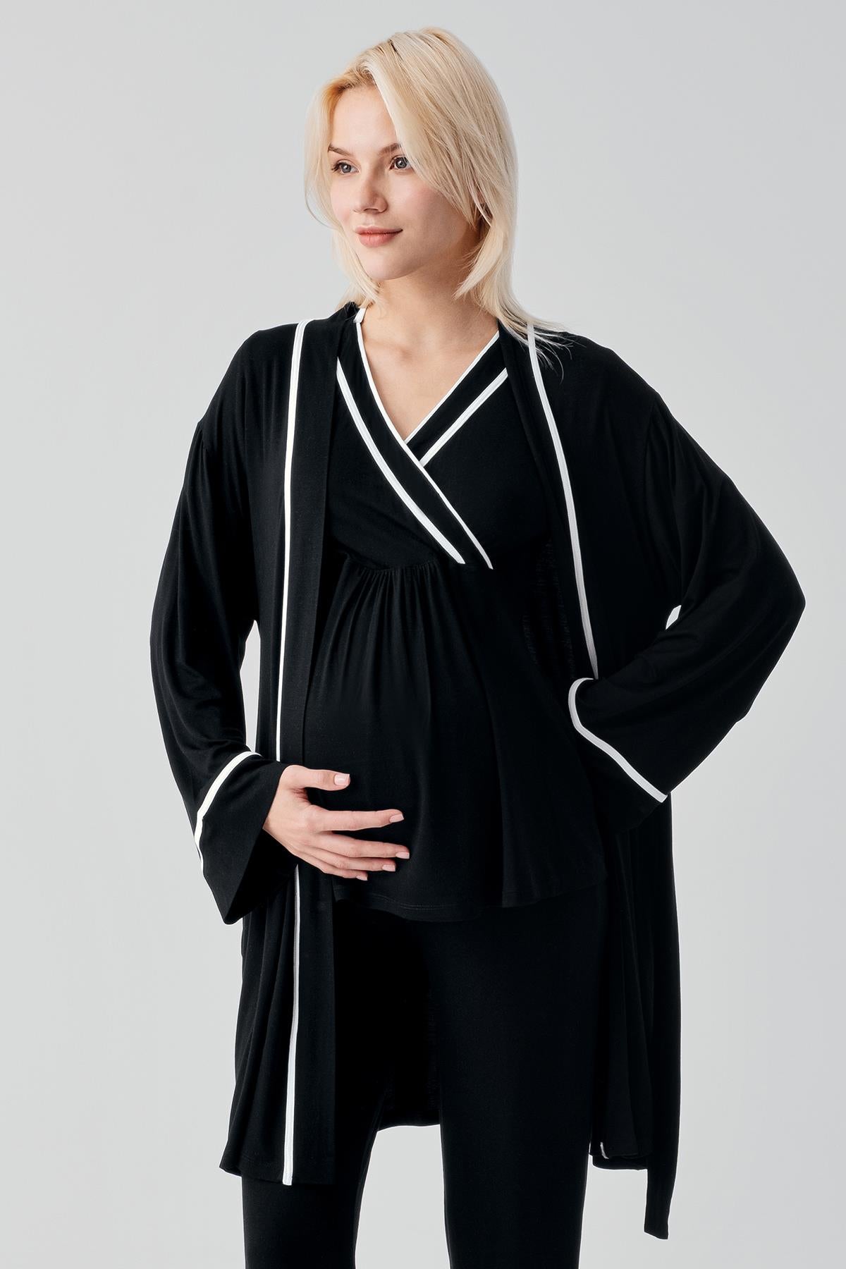 Kısa Kollu Emzirme Bölmeli Ayarlanabilir Bel Esnek Viskoz Hamile Pijama Takım 19317