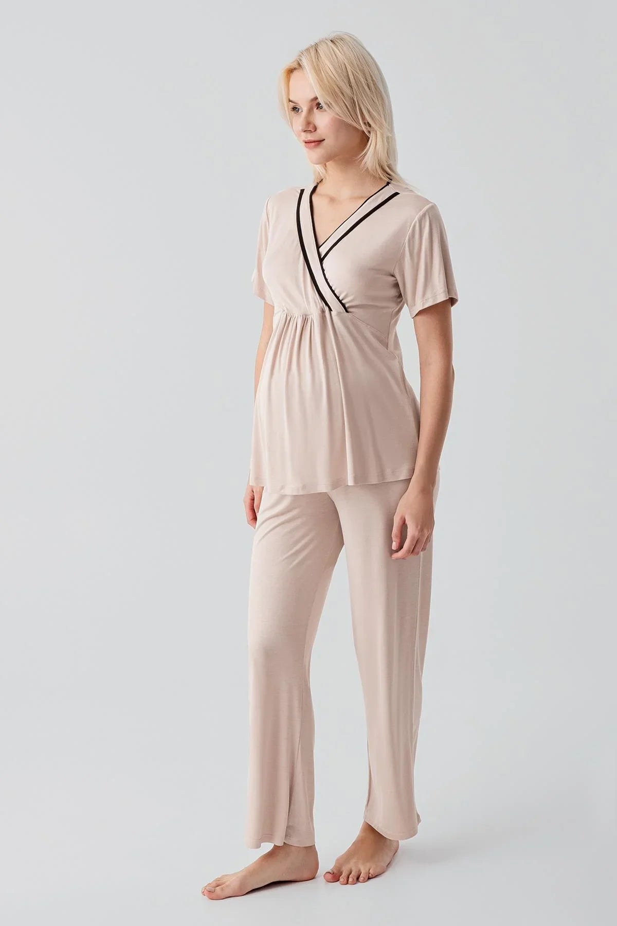 Kısa Kollu Emzirme Bölmeli Ayarlanabilir Bel Esnek Likralı Viskoz Soft Hamile Pijama Takım 19317