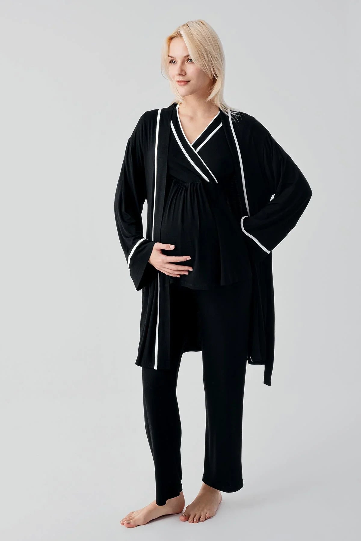 Kısa Kollu Emzirme Bölmeli Ayarlanabilir Bel Esnek Likralı Viskoz Soft Hamile Pijama Takım 19317