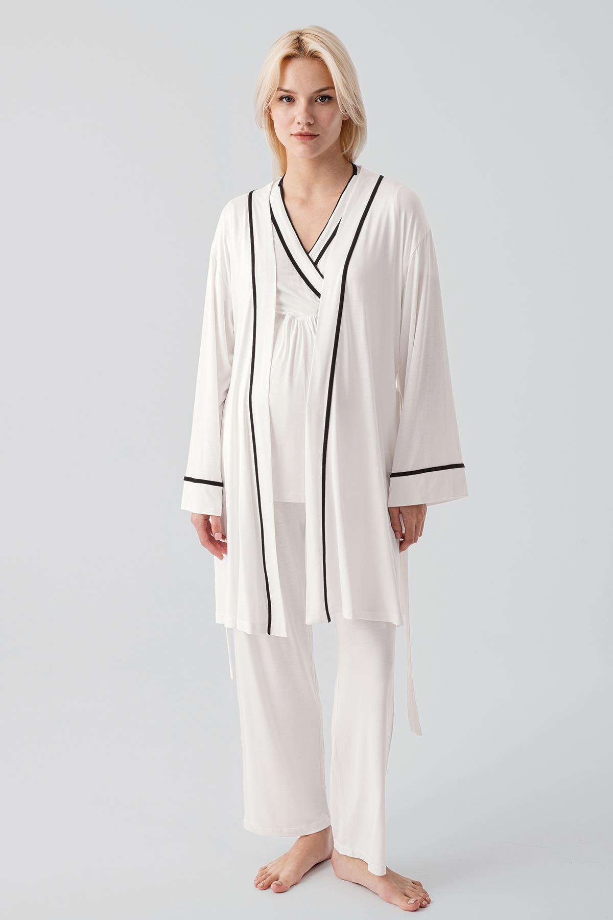 Kısa Kollu Emzirme Bölmeli Ayarlanabilir Bel Esnek Viskoz Hamile Pijama Takım 19317