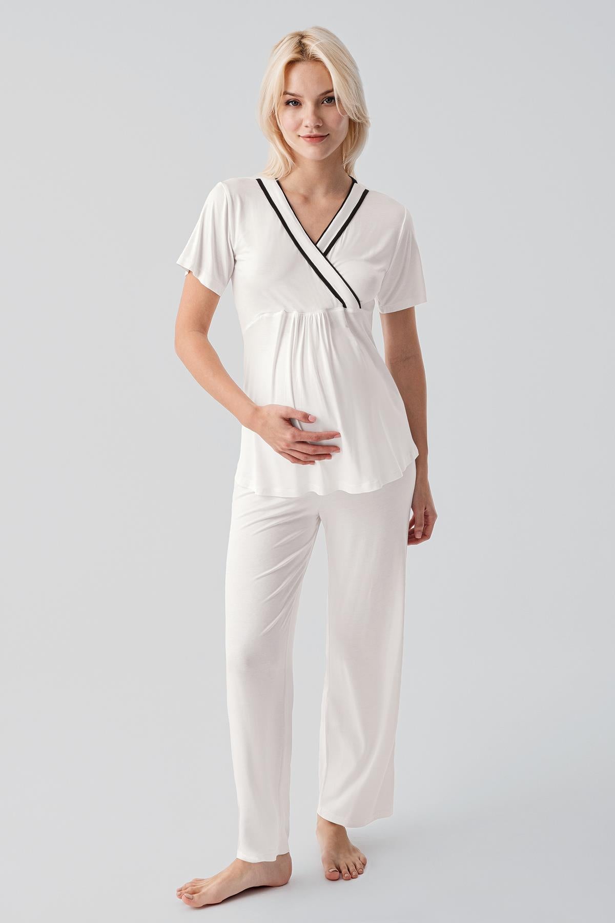 Kısa Kollu Emzirme Bölmeli Ayarlanabilir Bel Esnek Viskoz Hamile Pijama Takım 19317