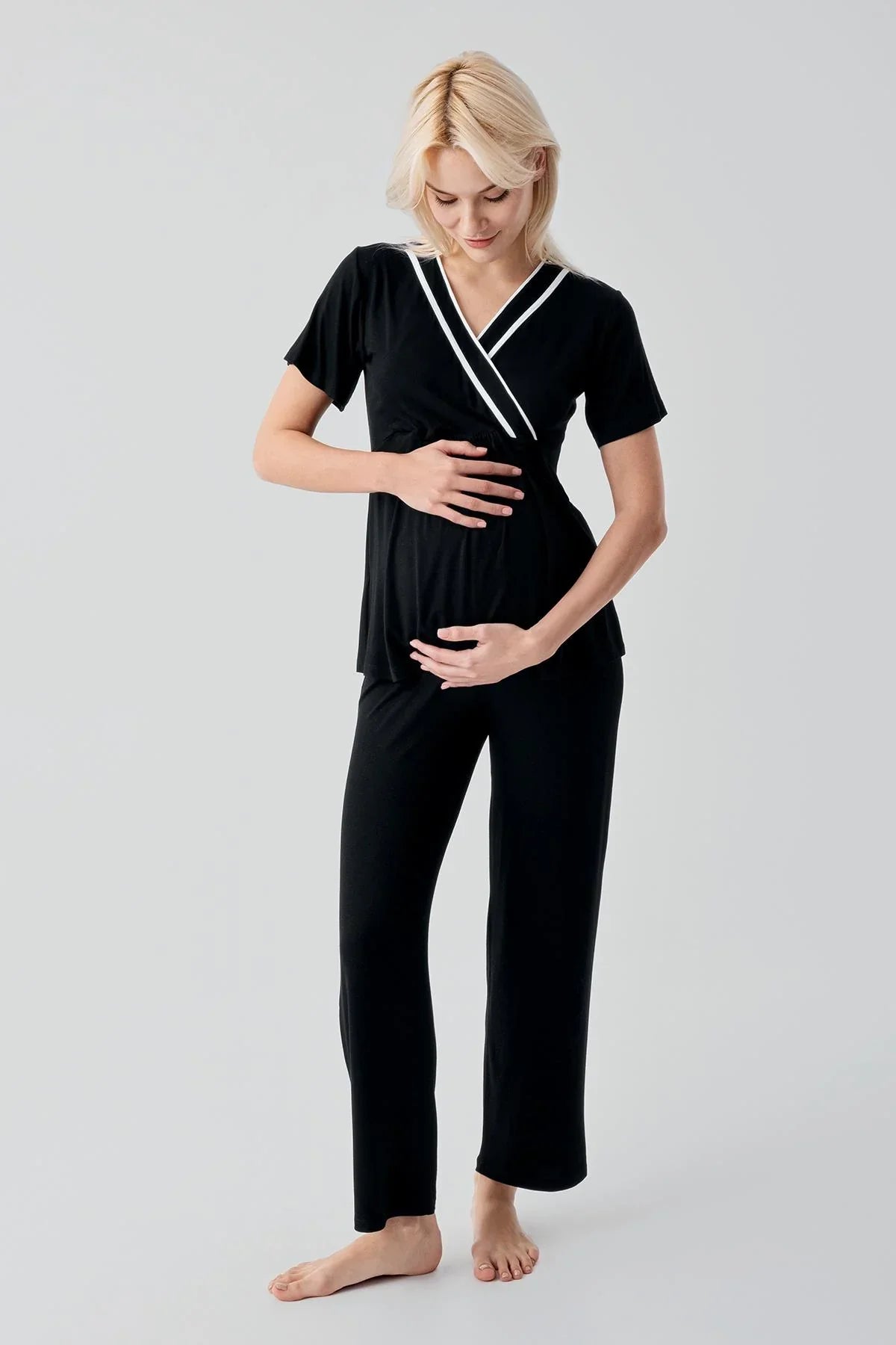Kısa Kollu Emzirme Bölmeli Ayarlanabilir Bel Esnek Likralı Viskoz Soft Hamile Pijama Takım 19317