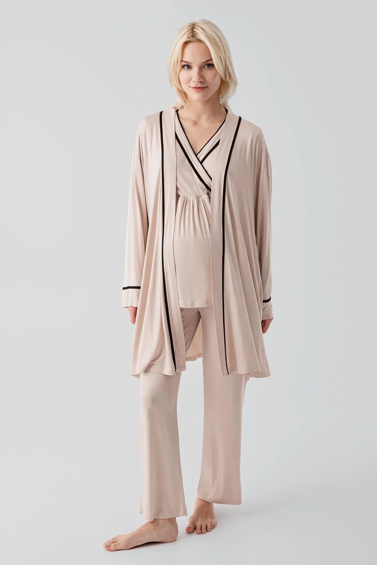 Kısa Kollu Emzirme Bölmeli Ayarlanabilir Bel Esnek Likralı Viskoz Soft Hamile Pijama Takım 19317