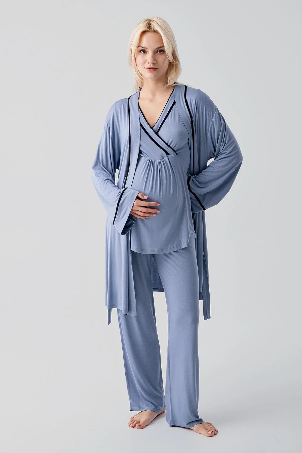 Kısa Kollu Emzirme Bölmeli Ayarlanabilir Bel Esnek Likralı Viskoz Soft Hamile Pijama Takım 19317